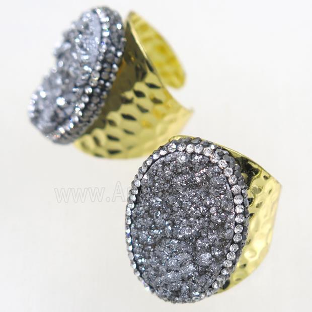 silver Druzy Quartz copper Ring paved rhinestone, gold plated