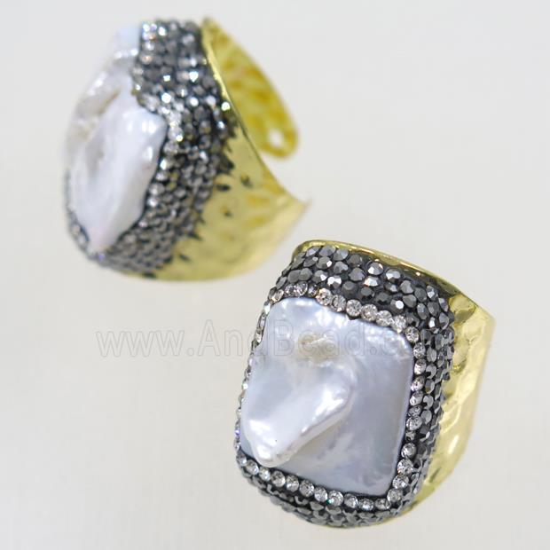 white Pearl copper Ring paved rhinestone, gold plated