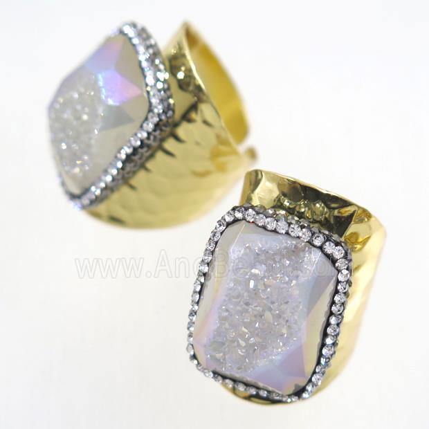 white AB-color Druzy Agate geode copper Ring pave rhinestone, gold plated