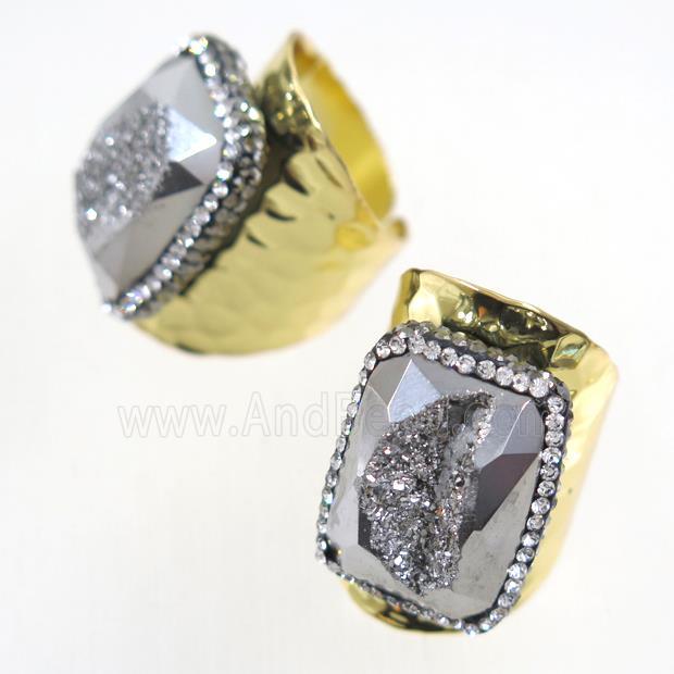 silver Druzy Agate geode copper ring pave rhinestone, gold plated