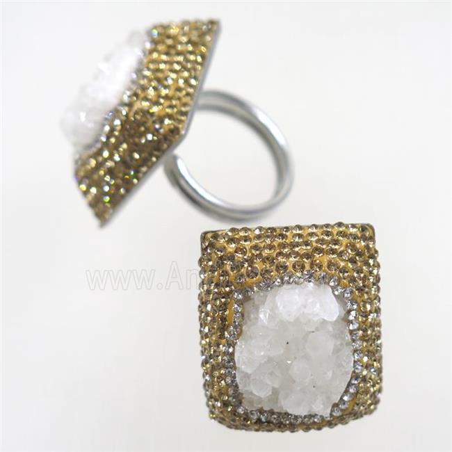 white Quartz Druzy ring paved yellow rhinestone