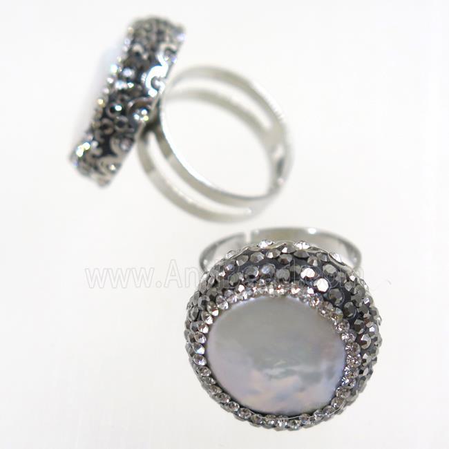 freshwater Pearl ring paved rhinestone
