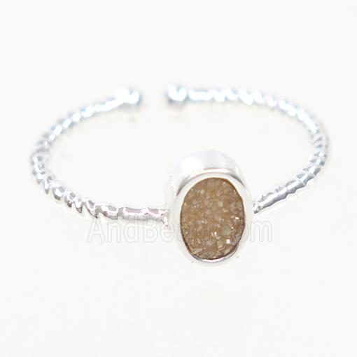 gold champagne druzy quartz ring, oval, silver plated