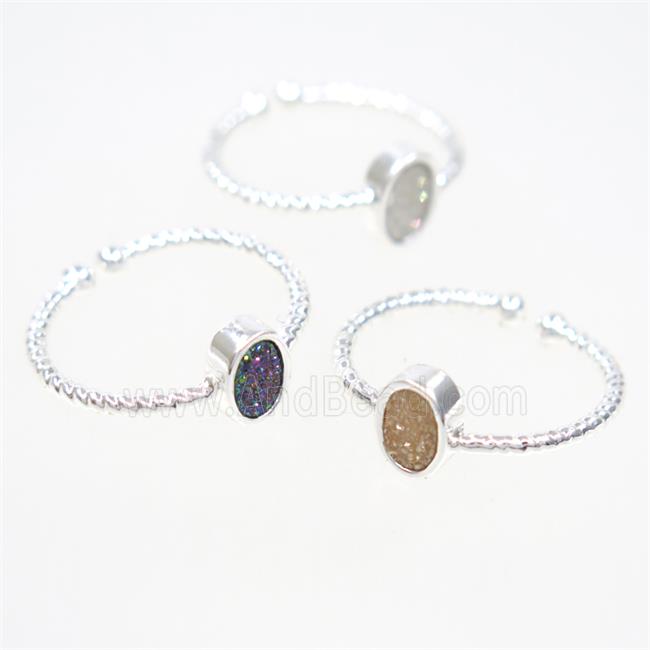 mix color druzy quartz ring, oval, silver plated