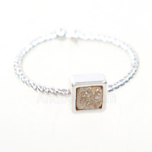 gold champagne druzy quartz ring, square, silver plated