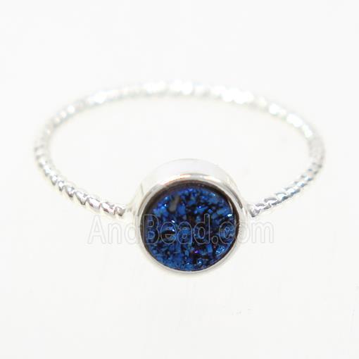 black druzy quartz ring, flat circle, silver plated