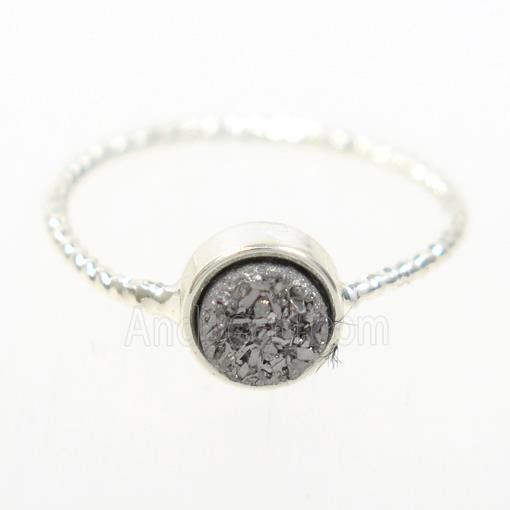 silver druzy quartz ring, circle, silver plated