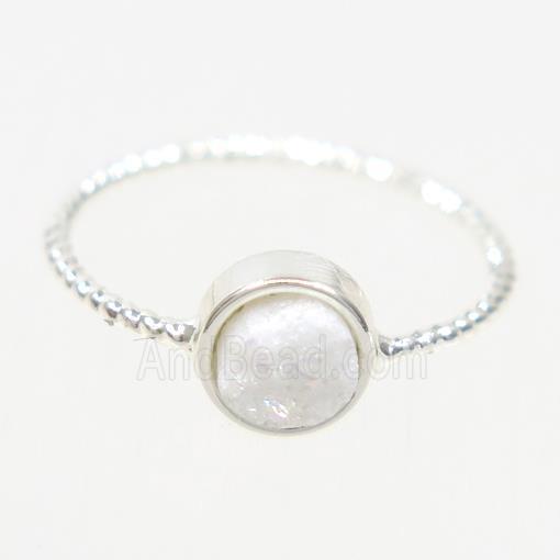 white ab-color druzy quartz ring, flat circle, silver plated