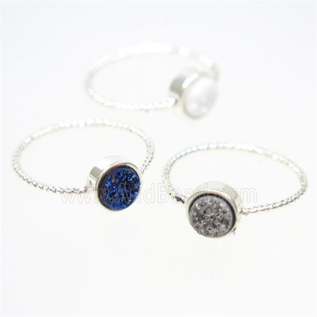 mix color druzy quartz ring, flat circle, silver plated
