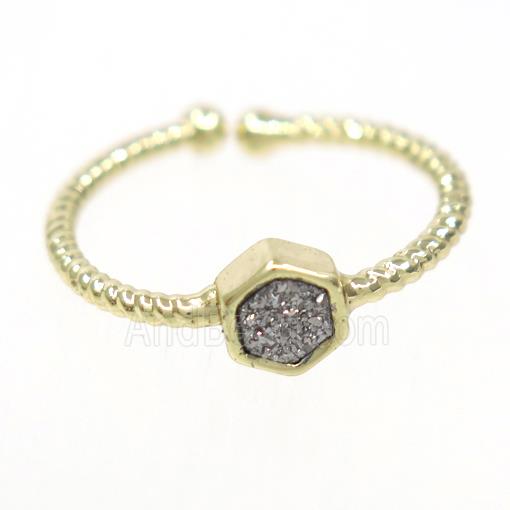 silver druzy quartz ring, hexagon, gold plated