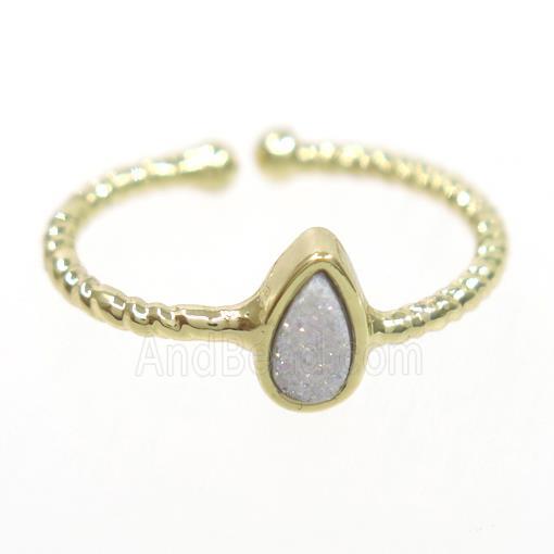 white ab-color druzy quartz ring, teardrop, gold plated