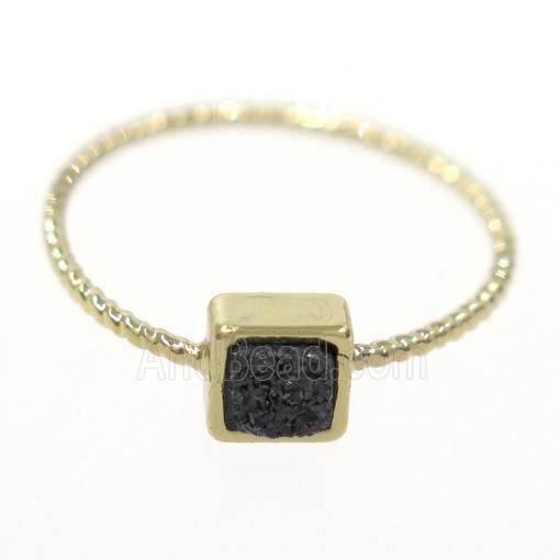 black druzy quartz ring, square, gold plated