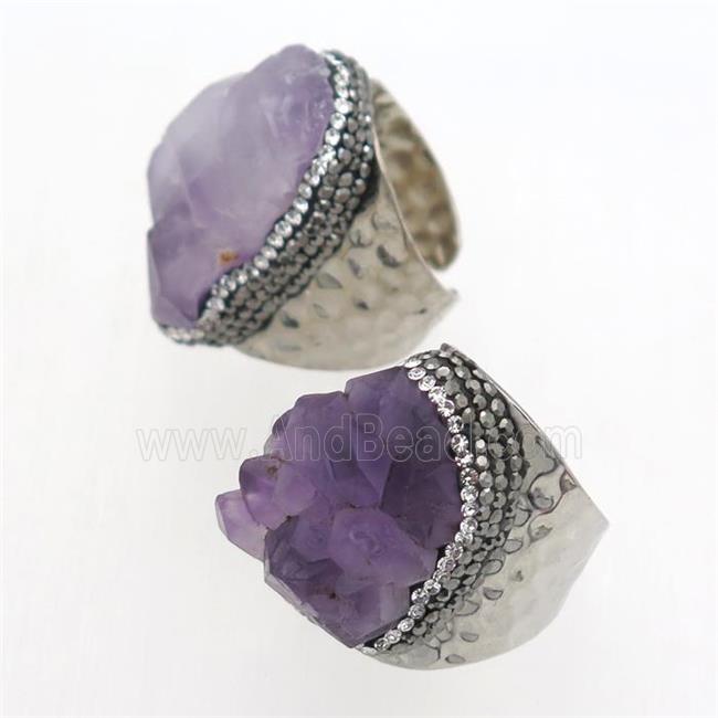 Amethyst Druzy Ring paved rhinestone, copper, platinum plated