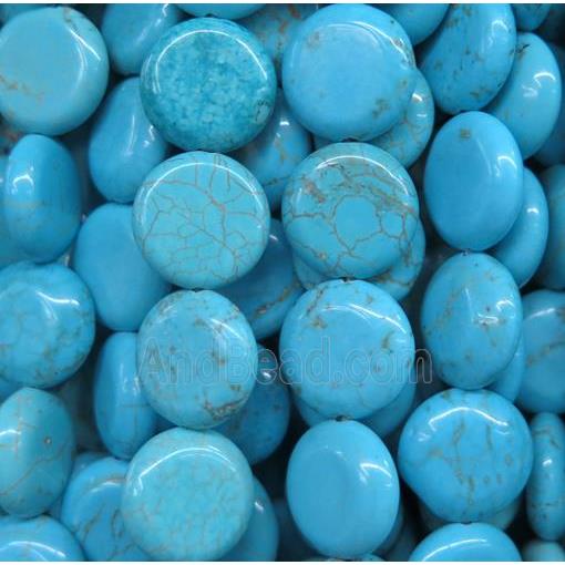 turquoise beads, flat round, blue treated