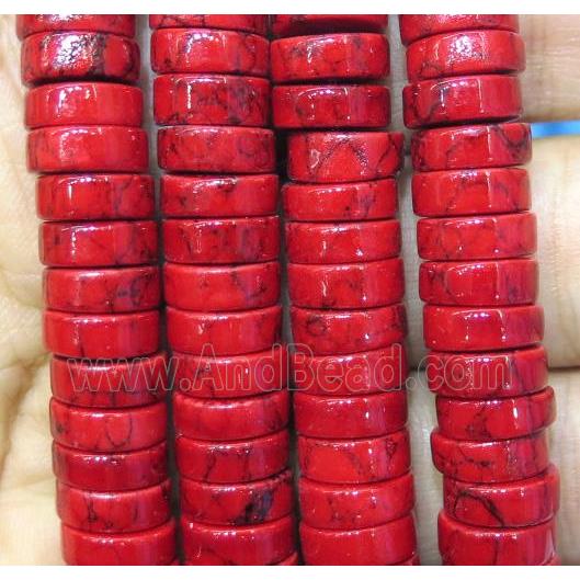 turquoise heishi beads, red, synthetic