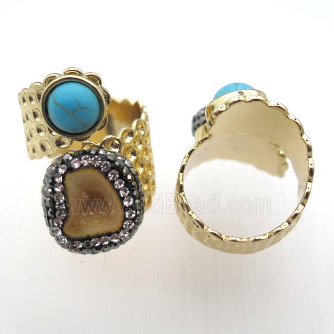 yellow Agate Druzy Rings paved rhinestone, copper, gold plated