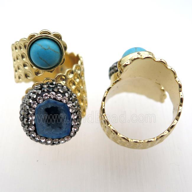 blue Agate Druzy Rings paved rhinestone, copper, gold plated