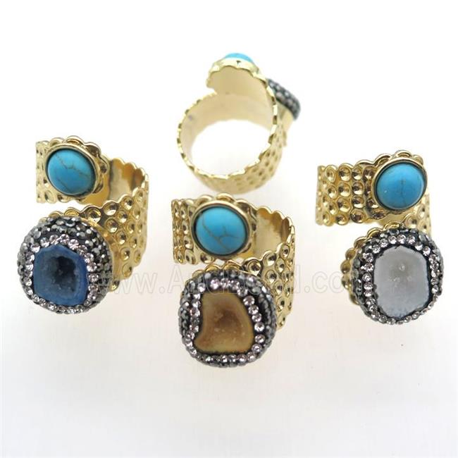 mix color Agate Druzy Rings paved rhinestone, copper, gold plated