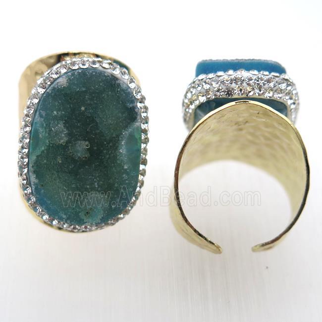 green Agate Druzy Rings paved rhinestone, copper, gold plated