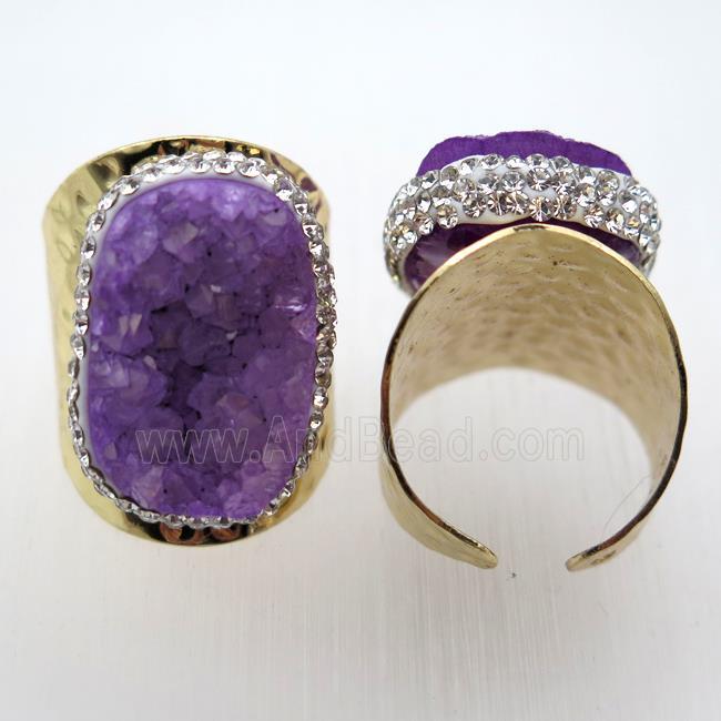 purple Agate Druzy Rings paved rhinestone, copper, gold plated
