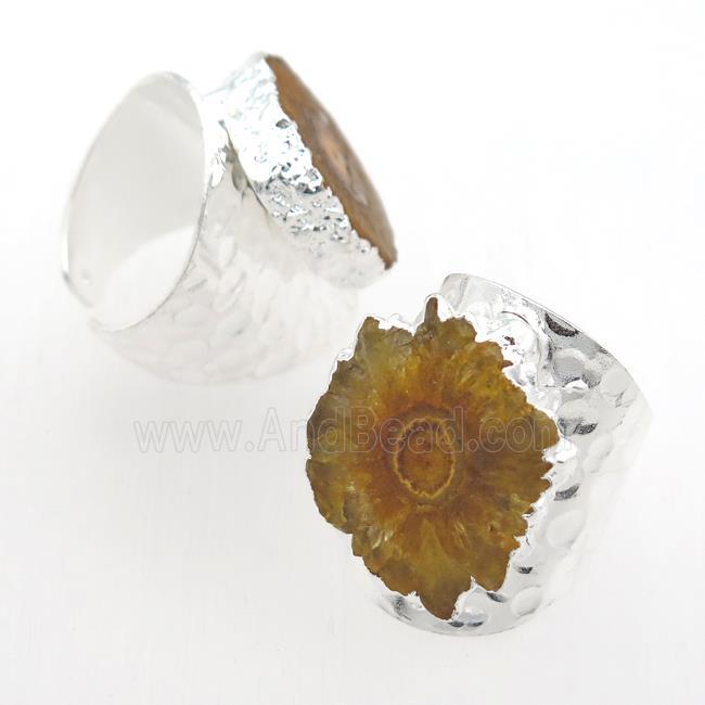 yellow Solar Quartz Druzy Rings, silver plated