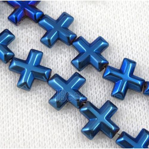 hematite cross beads, blue electroplated