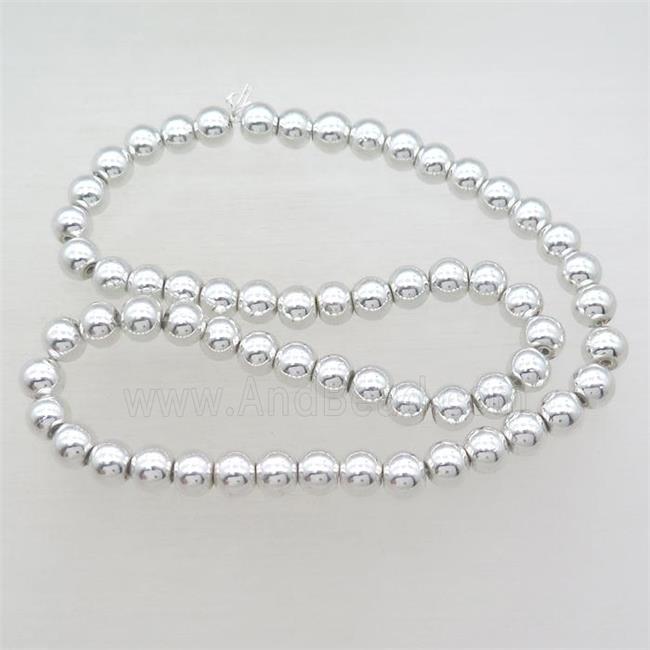 round Hematite Beads, shiny silver plated