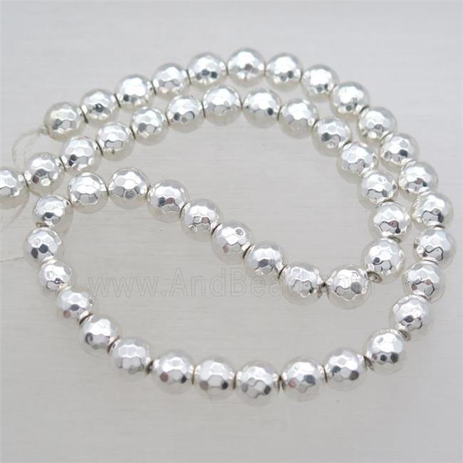 faceted round Hematite Beads, shiny silver plated
