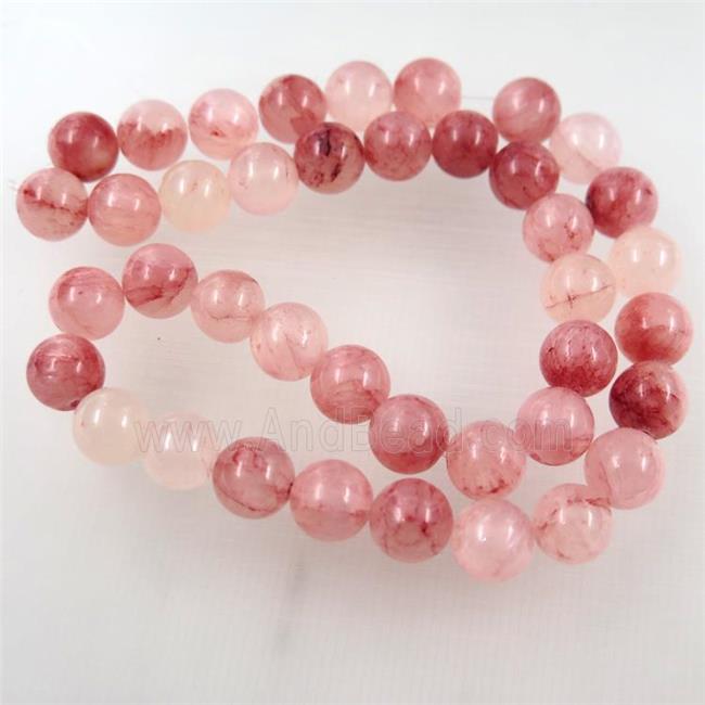 round jade stone bead, Strawberry Quartz dye