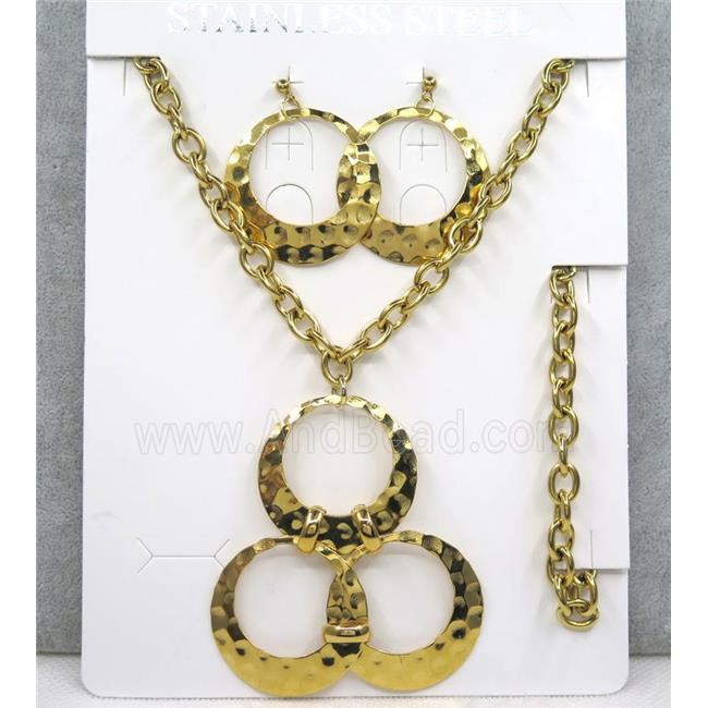stainless steel necklace and earring, bracelet, gold plated