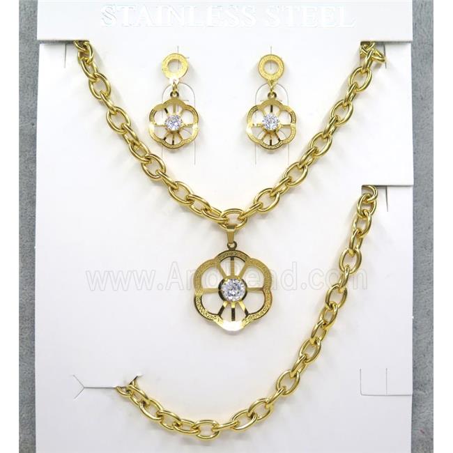stainless steel necklace and earrings, bracelet, gold plated