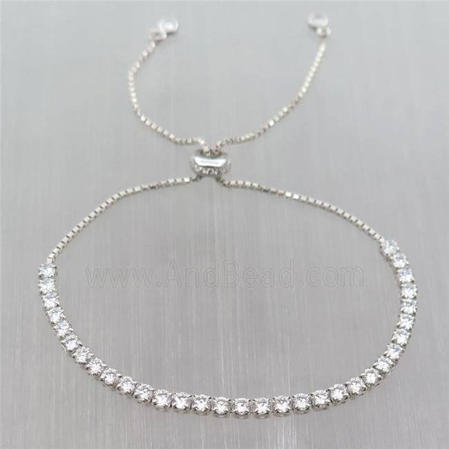 Sterling Silver Bracelet pave clear zircon, Adjustable, platinum plated