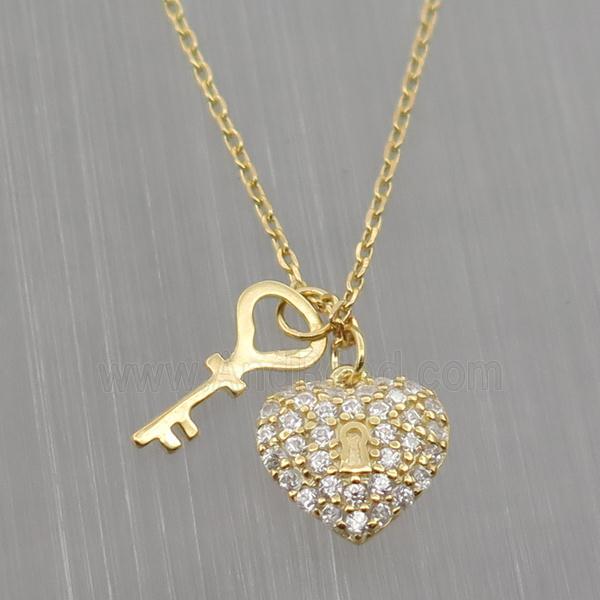 Sterling Silver Necklace pave zircon, heart-key, gold plated