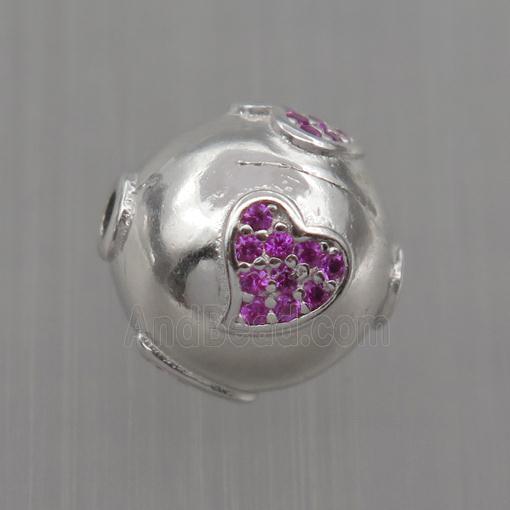 Sterling Silver round beads paved zircon, heart, platinum plated