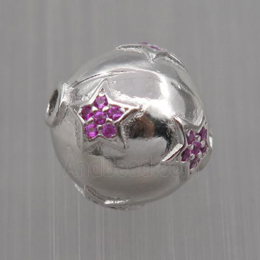 Sterling Silver round beads paved zircon, star, platinum plated