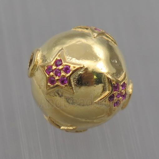 Sterling Silver round beads paved zircon, star, gold plated