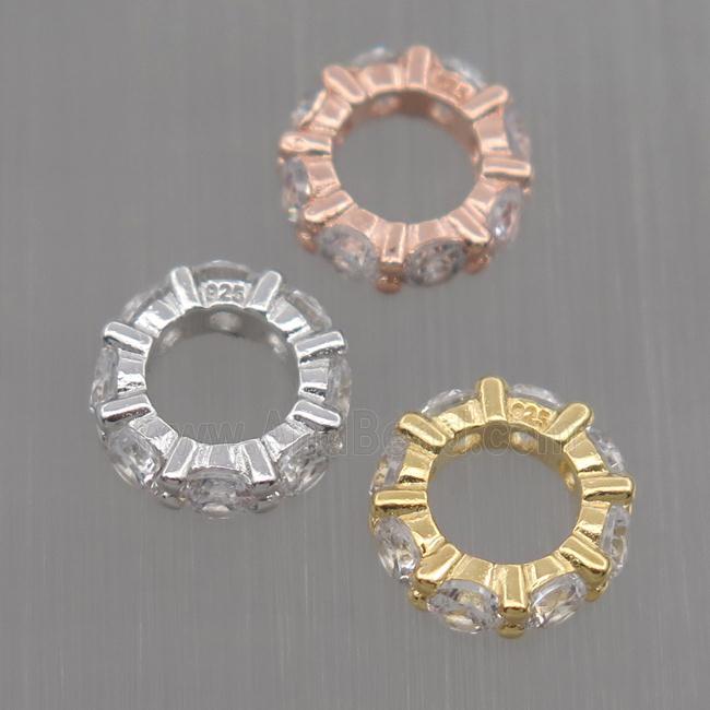 Sterling Silver beads paved zircon, rondelle, mixed color