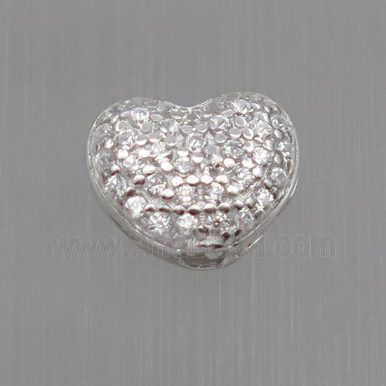 Sterling Silver heart beads paved zircon, platinum plated