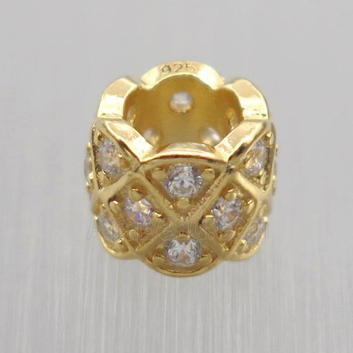 Sterling Silver column beads paved zircon, large hole, gold plated