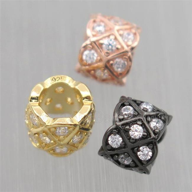 European style Sterling Silver column beads paved zircon, large hole, mixed color