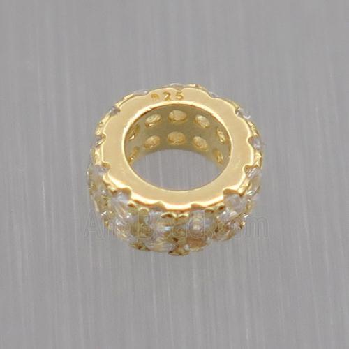 Sterling Silver beads paved zircon, rondelle, gold plated