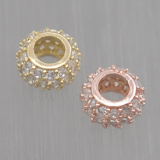 European style Sterling Silver beads paved zircon, rondelle, mixed color
