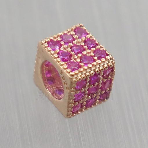 European style Sterling Silver cube beads paved zircon, rose gold