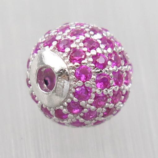 round Sterling Silver beads paved hotpink zircon, platinum plated