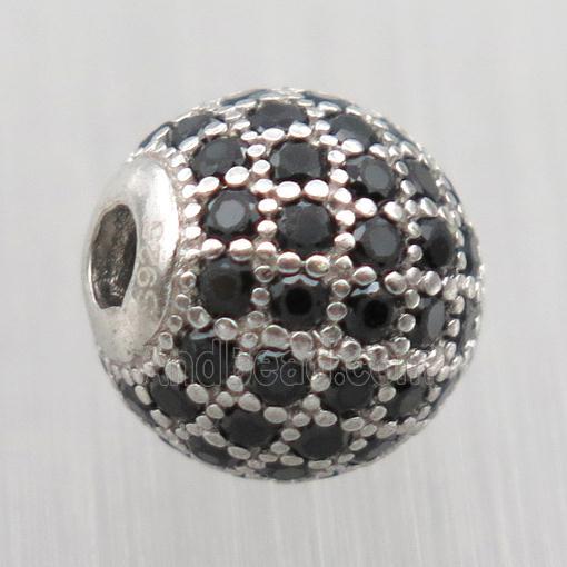 round Sterling Silver beads paved black zircon, platinum plated