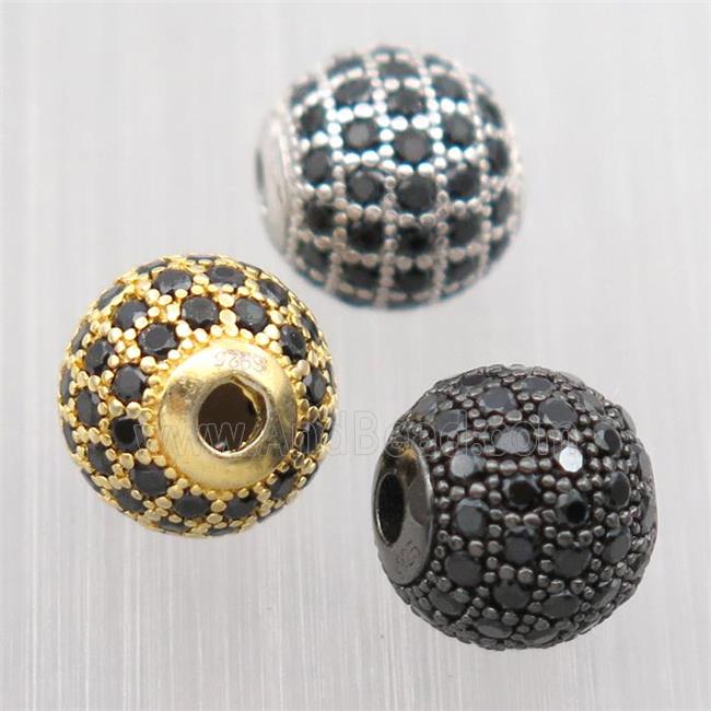 round Sterling Silver beads paved black zircon, mixed color