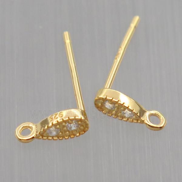 Sterling Silver studs Earrings paved zircon, teardrop, gold plated
