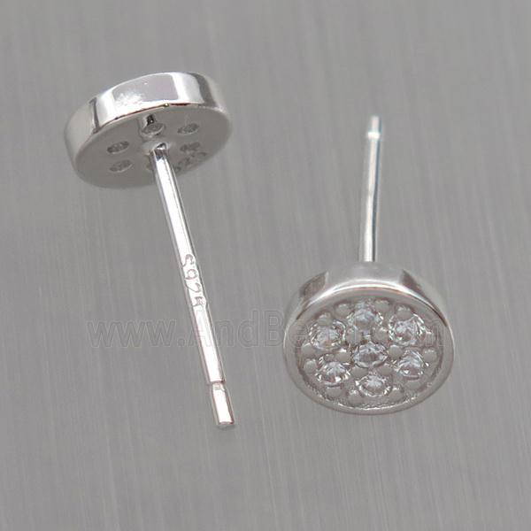 Sterling Silver studs Earrings paved zircon, circle, platinum plated