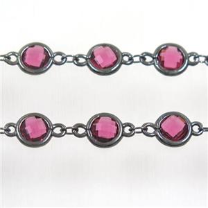 copper chain with purple Chinese crystal glass, black plated, approx 8mm dia