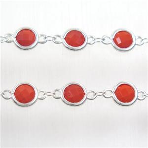 copper chain with red Chinese crystal glass, silver plated, approx 8mm dia